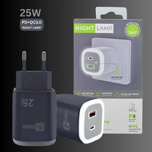 25W Fast Charger | USB + Type-C | EU Plug with Night Light