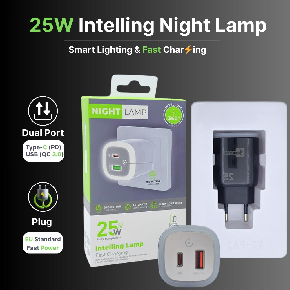 25W Fast Charger | USB + Type-C | EU Plug with Night Light
