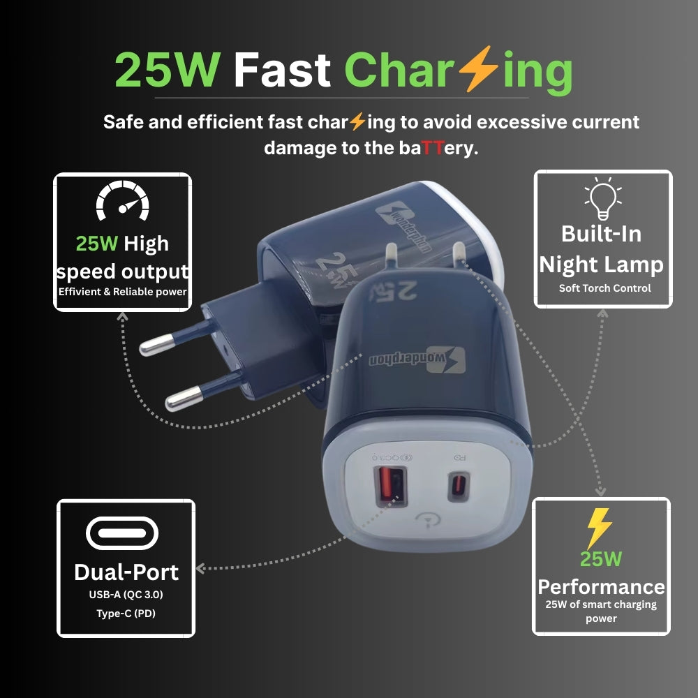 25W Fast Charger | USB + Type-C | EU Plug with Night Light