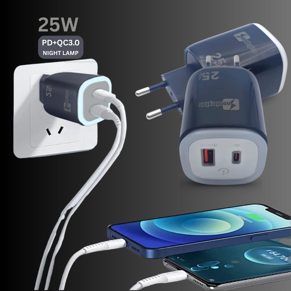 25W Fast Charger | USB + Type-C | EU Plug with Night Light