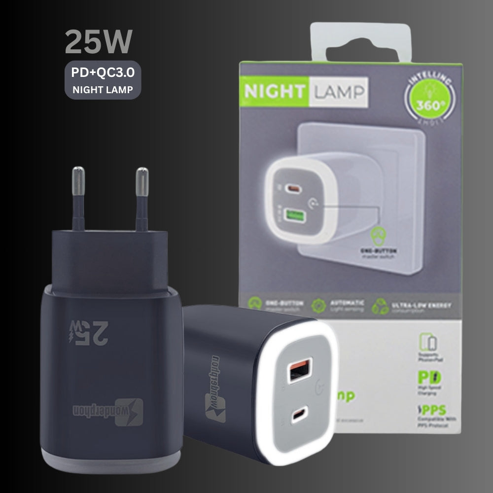 25W Fast Charger | USB + Type-C | EU Plug with Night Light