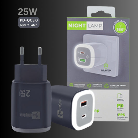 25W Fast Charger | USB + Type-C | EU Plug with Night Light